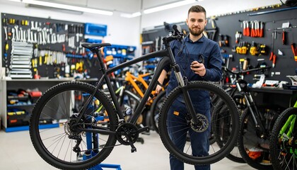 Mechanic inspecting a black mountain bike in a workshop