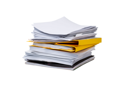 Stack of documents with yellow folder and loose papers on transparent background, PNG