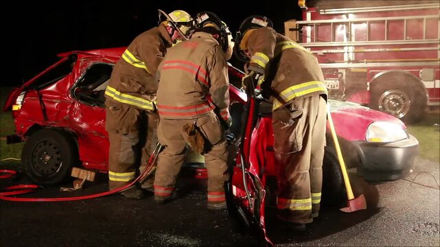 Fireman Using Jaws of Life to Rescue Teen Girl at Night