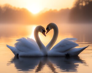 Fototapeta premium Frontal view of two swans entwined in a serene lake, bright sunset glow, symbolizing romance in natures beauty