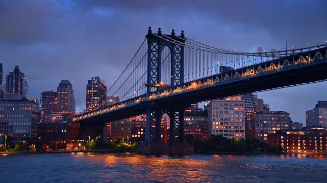 Train moves by the Manhattan Bridge. View on the bridge from the waterscape. Skyline of New York under cloudy sky at backdrop.