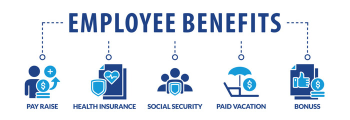 Employee Benefits. Pay Raise, Health Insurance, Social Security, Paid Vacation, Bonuses and Benefit Vector Icon Concept