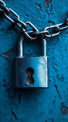 Padlock with Silver Chain on Textured Blue Surface Security and Protection