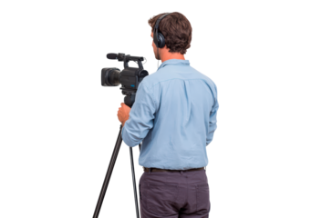 Young man filming with tripod camera headphones on transparent background, PNG
