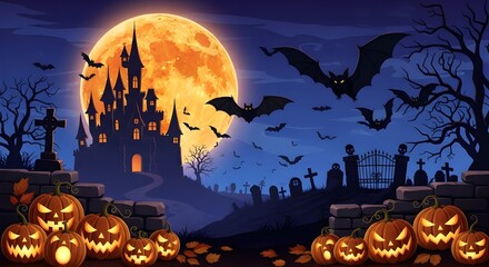 Spooky Halloween Castle with Full Moon, Flying Bats, and Glowing Jack-o'-Lanterns &ndash; Haunted Cemetery Scene, Nighttime Fantasy Landscape, Cartoon Style, Holiday Background, Digital Illustration