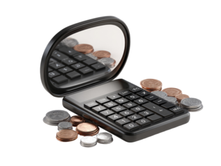A dark, oval-shaped calculator with a reflective lid, surrounded by scattered coins.  The calculator's keys and display are visible
