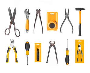 Set of new and rusty construction tools close-up isolated on white background