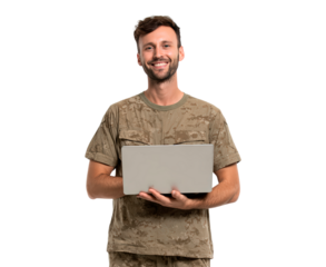 Man soldier smiling holding laptop in camouflage uniform on transparent background, PNG