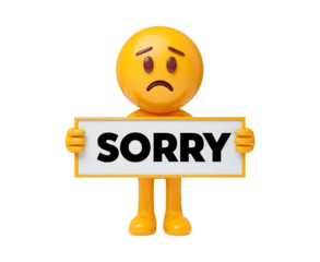 3d sad emoji holding sorry sign with thoughtful expression in yellow on transparent background, PNG