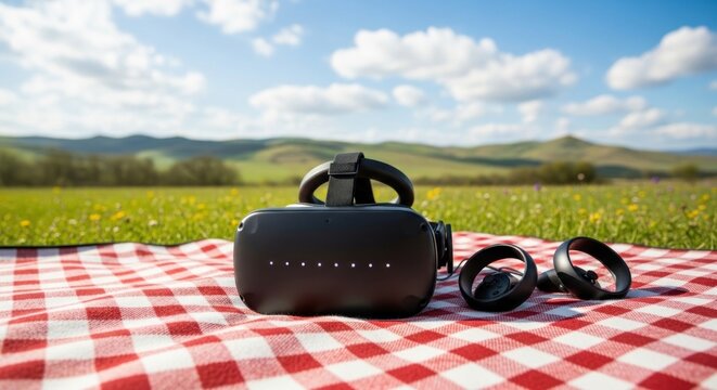 A dark VR headset and controllers rest on a red checkered picnic blanket in a vibrant meadow under a sunny, cloud-filled sky