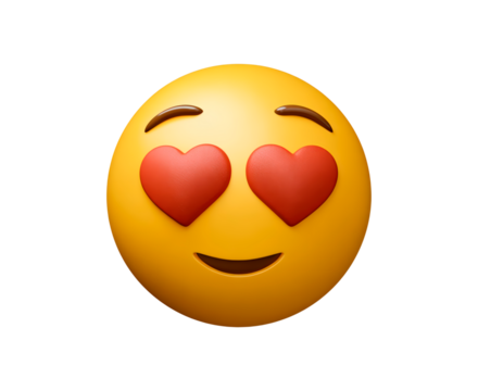 Heart eyes emoji: expressive yellow face with love-filled red hearts on transparent background, PNG