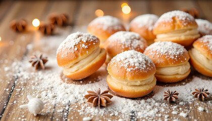 Freshly baked cream-filled donuts dusted with powdered sugar  