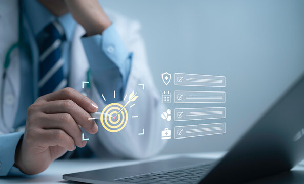 Medical professional using digital technology and data analytics to target healthcare goals, strategic planning and innovation for better patient care and clinical efficiency