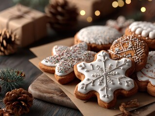 Festive holiday cookies decorated with icing and sprinkles, perfect for celebrations and gatherings