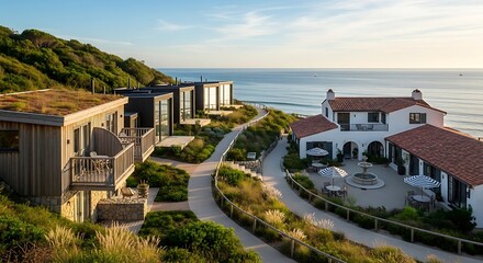 Fototapeta premium Coastal Resort with Ocean View and Buildings.