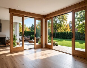 Obraz premium Inviting seamless indoor outdoor living with modern wood sliding doors and beautiful backyard garden views