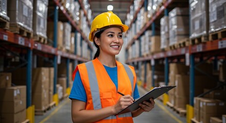 A person in a yellow hardhat and orange vest holds a clipboard in a warehouse aisle