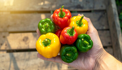 Hands holding colorful bell pepper mix fresh red yellow green natural farm produce healthy vegetable harvest sunlight