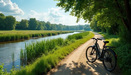 Fototapeta premium Serene landscape with winding dirt road through rich green field. Black bicycle parked on right side of road facing viewer. Clear blue sky with fluffy white clouds. Field dotted with trees and bushes.