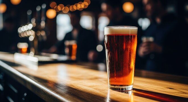 A pint of amber beer on a pub bar, blurred figures in the background