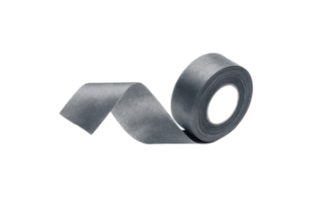 Gray tape, rolled and unfurled, against a dark background.  A continuous roll of gray tape, with one section unrolled.  The tape is smooth and has a consistent gray color