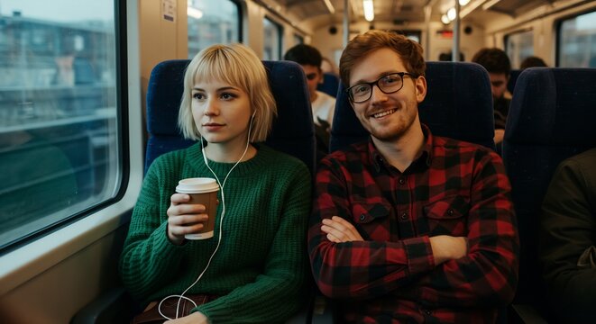 Two people a woman with blonde hair holding a coffee cup and a man in glasses ride a train