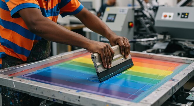 A person uses a squeegee to apply rainbow-colored ink to a screen-printing frame The setting appears to be an industrial workshop