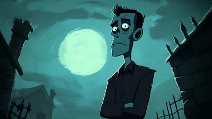 Frankenstein-style cartoon with dark shadows and a spooky Halloween vibe