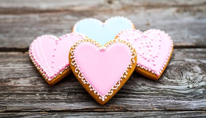 Heart-shaped iced cookies in pastel pink and light blue, arranged on a weathered wooden surface, create a charming and sweet image.