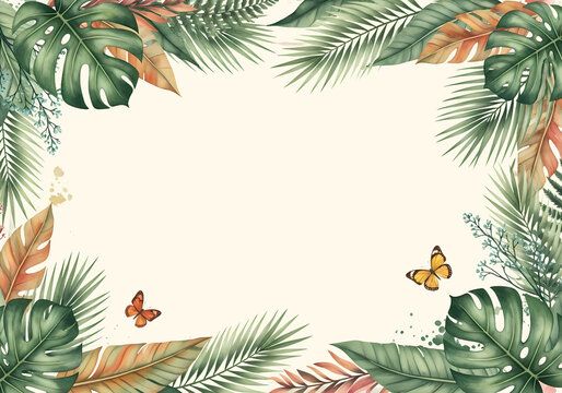 Tropical Botanical Leaf Border with Butterflies