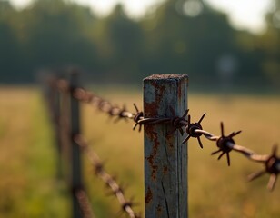 Weathered wooden fence post stands in a field with rust-eaten barbed wire spikes. Muted colors contrast with green field and trees. Distressed fence in a rural landscape.