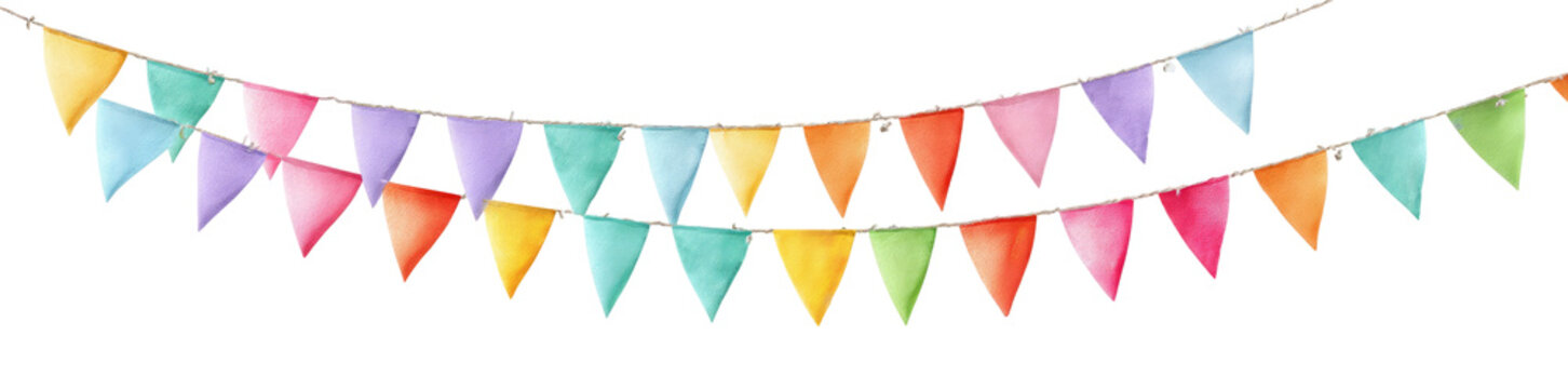 Colorful triangular pennants strung on a ribbon