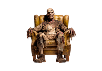 Zombie in tattered clothes sitting on an armchair on transparent background, PNG