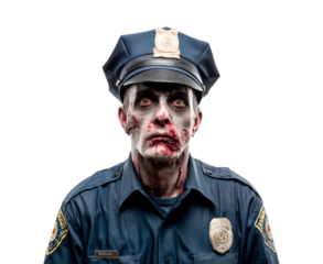 Zombie police officer in uniform with facial wounds on transparent background, PNG