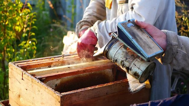 A beekeeper in a protective suit inspects hive frames at an apiary. Video of agriculture, livestock farming, and honey production