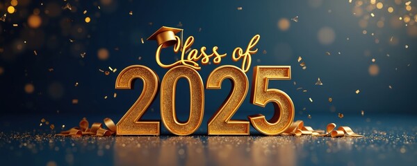 Golden Class of 2025 graduation design with confetti, ribbons. Features graduation cap, celebratory lettering, shiny golden numbers. Perfect for invitations, banners, announcements celebrating