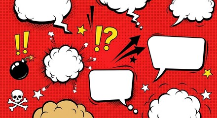 Vibrant pop art graphic featuring comic book style speech bubbles, thought clouds, and expressive elements on a red halftone background