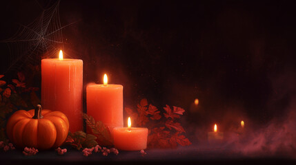 halloween background with glowing candles and pumpkins, cozy autumn still life with spider webs, perfect for seasonal invitations, posters and festive designs