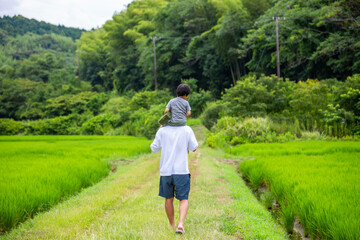 肩車、父と息子の後ろ姿　夏休み田舎