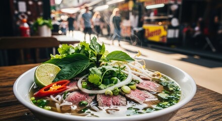Bowl of Vietnamese pho with fresh herbs and sliced beef
