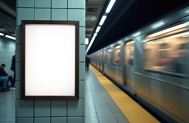 Blank white poster in dark wood frame. Subway train enters station with passengers. Suitable for advertising or art display in urban transport hubs. Offers ample copy space.