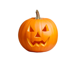 Carved orange pumpkin with scary face, halloween decoration on transparent background, PNG