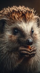 Fototapeta premium Close-up of hedgehog holding food in its paws, showcasing intricate details of its fur and expressive eyes during a quiet moment