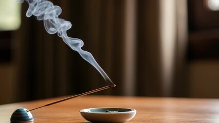 Burning incense stick on table, emitting fragrant smoke into air, adding aromatic scent. Burning incense stick in holder, providing calming aroma and enhancing meditation.