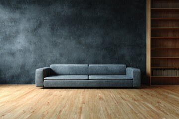 Grey couch in a room with a wooden bookcase.