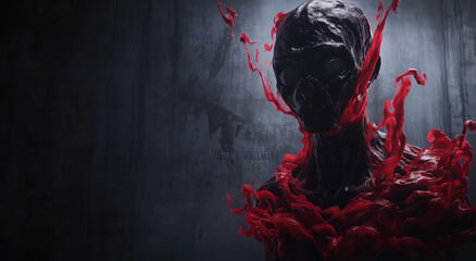 Dark, eerie figure emerges from shadowy background, featuring skeletal face and flowing red liquid that creates haunting atmosphere