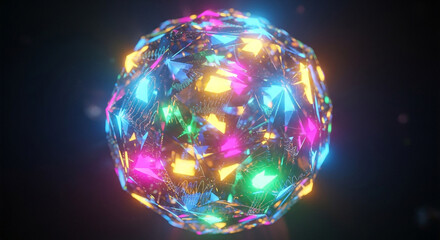 A glowing spherical object composed of colorful triangles floating in dark space background