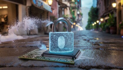 Futuristic Cyber Security Concept with Digital Padlock and Circuit Board