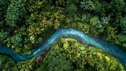 Turquoise River Flowing Through Lush Green Tropical Rainforest Canopy