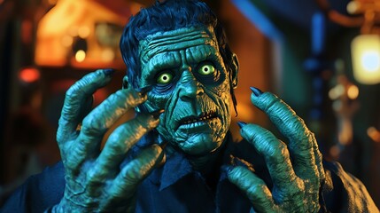 Frankenstein monster with large green hands and a spooky Halloween setting
